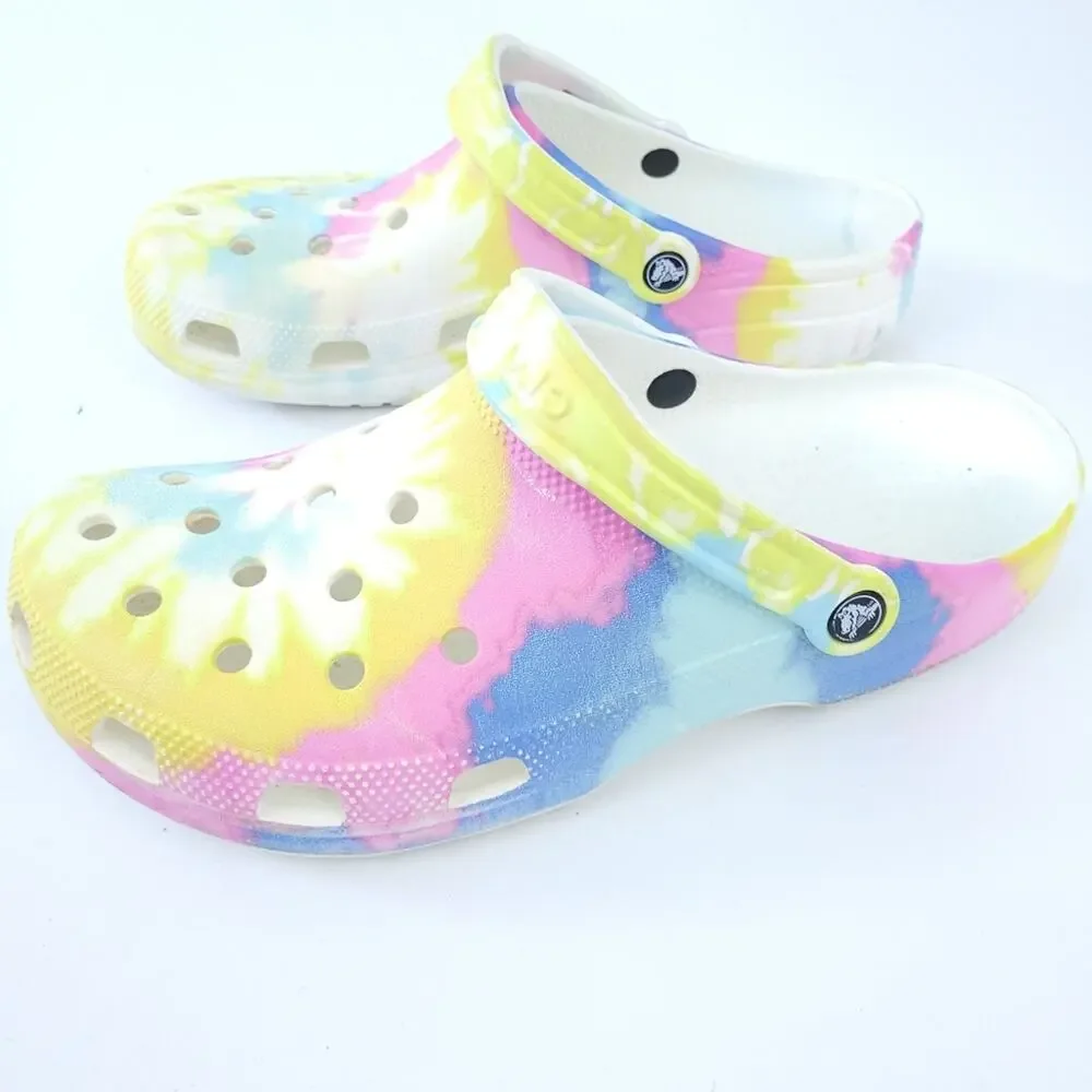 Crocs Tie Dye Clogs Men Size 11 Pastel, Pink Yellow Blue Shoes Slip On Comfort